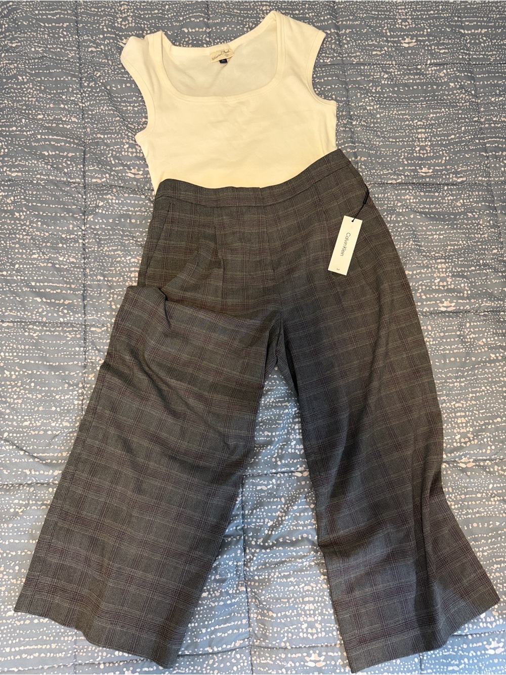 Calvin Klein Gray Plaid Wide-Leg Cropped Trousers with Cream Tank
